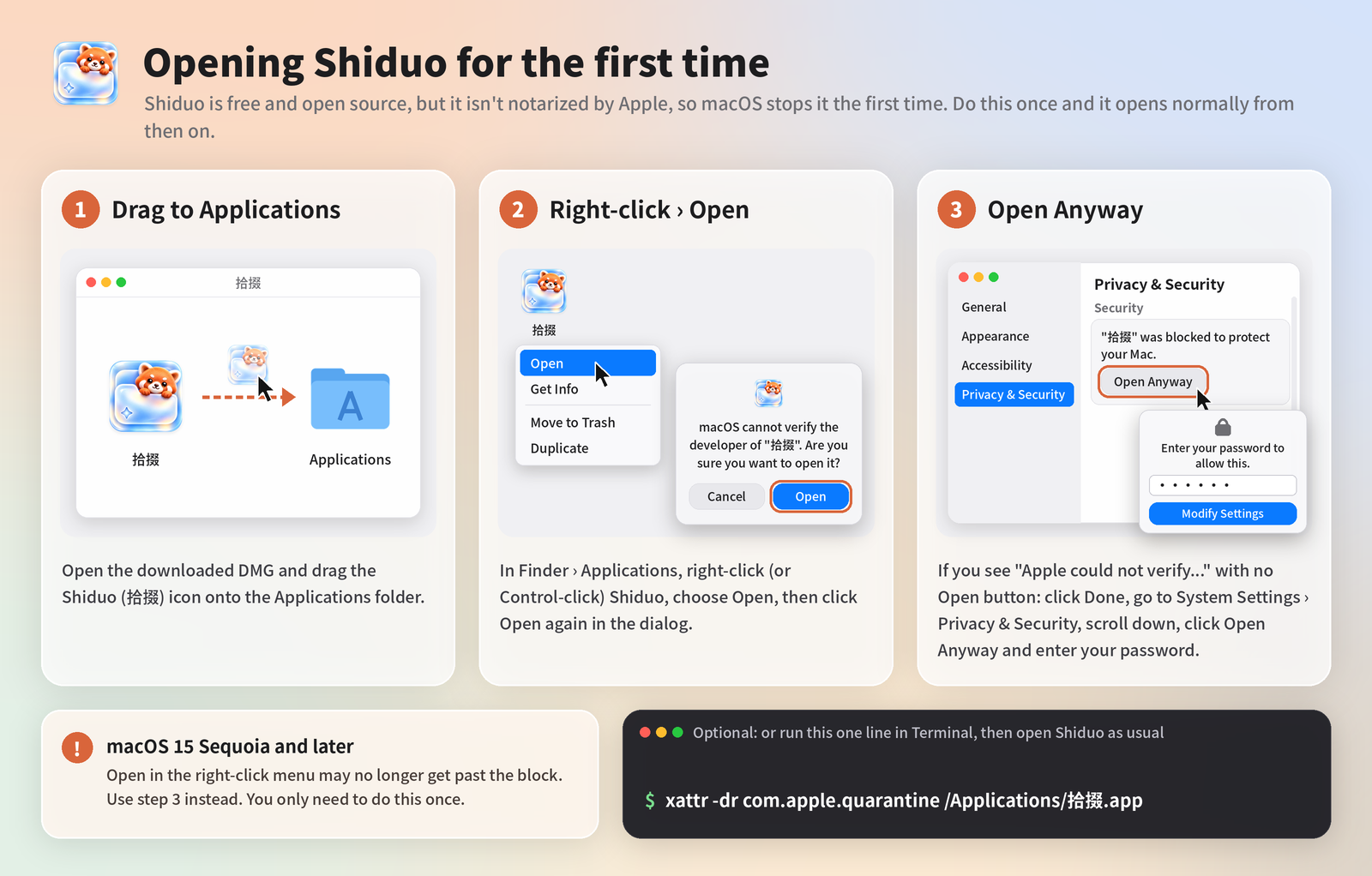 How to open Shiduo the first time: drag to Applications, right-click and Open, or Open Anyway in Privacy & Security
